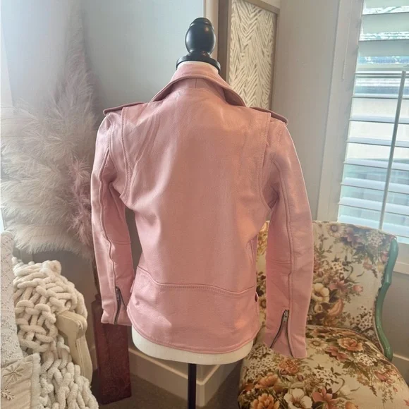 Understated Leather Pink Zipper Belted Collared Biker Jacket Women’s XS - Picture 4 of 13